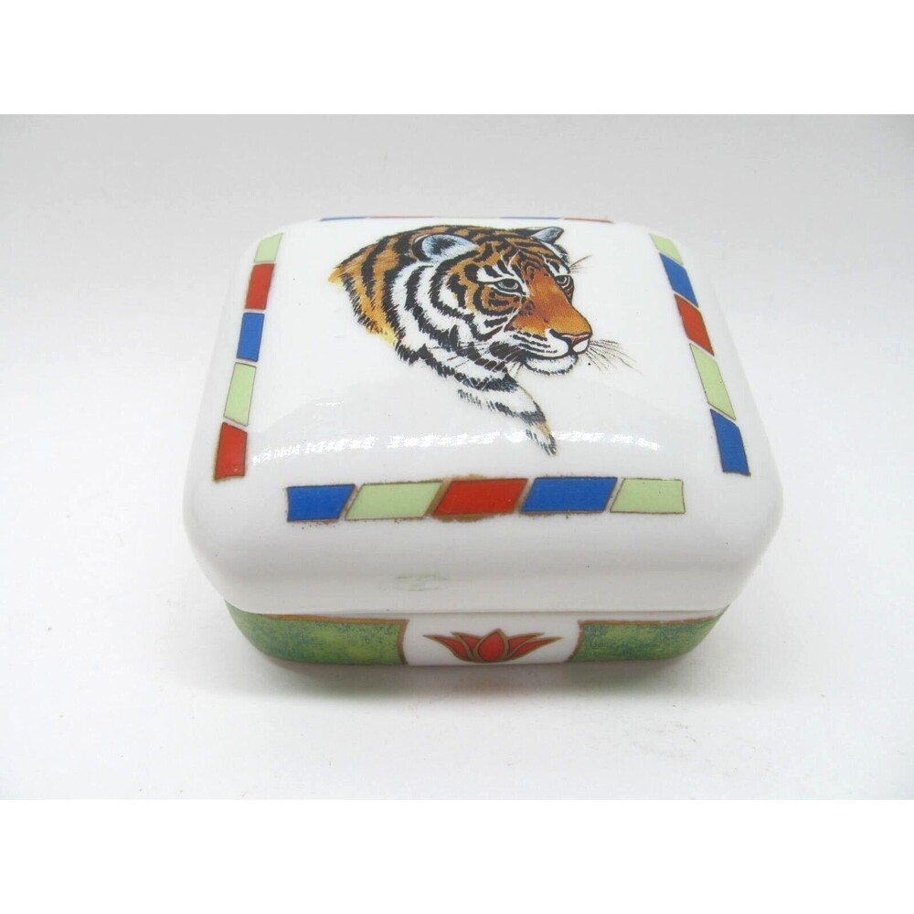 Chase TIGER RAJ Lynn Chase Vintage Hand Painted Porcelain Trinket Box